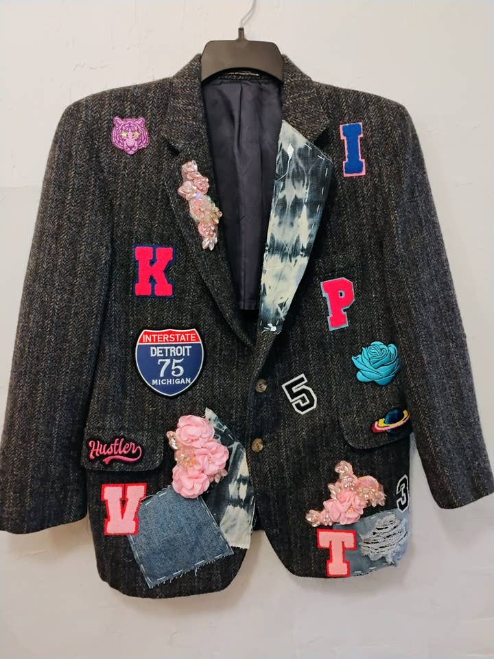 Couture Navy/Grey Wool like blazer size medium for wholesale by Swanky Lady Couture