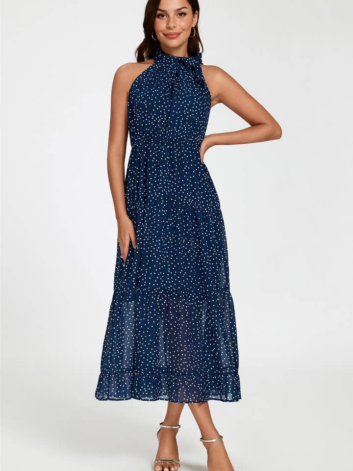Maxi-jurk met halternek en stippenprint in marineblauw voor wholesale door FS Collection