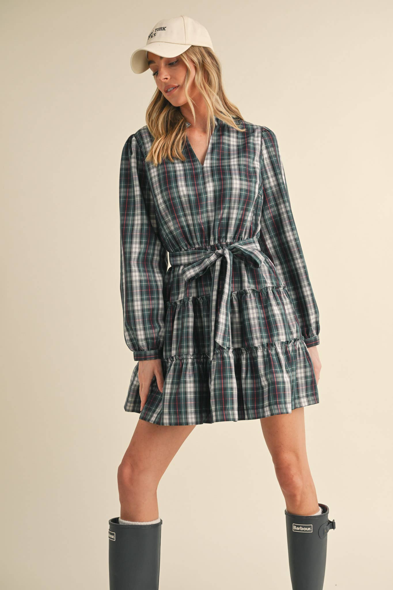 &MERCI - Wholesale Dress - Women's - PLAID MINI DRESS WITH TIERED RUFFLE TRIM MDR35381