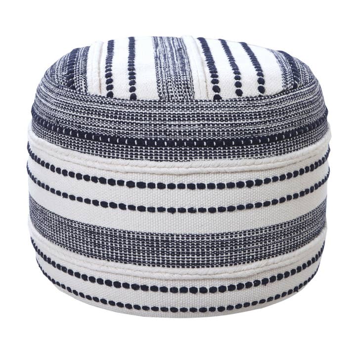 Blue White Navy and Ivory Seaside Striped Textured Pouf Ottoman for wholesale on Faire
