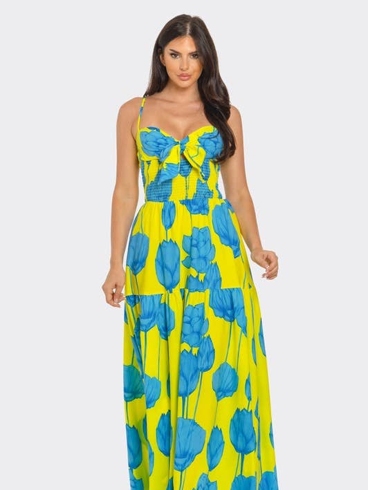 BCCD63309 Corset-Style Bow High-Waist Printed Maxi Dress for wholesale by BANJUL