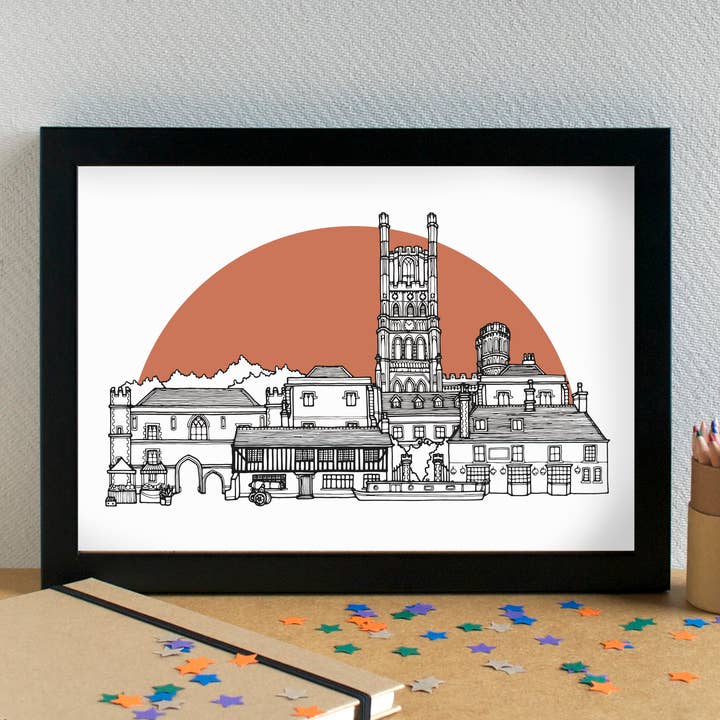 Ely Skyline Landmarks Art Print - unframed for wholesale by Becka Griffin Illustration