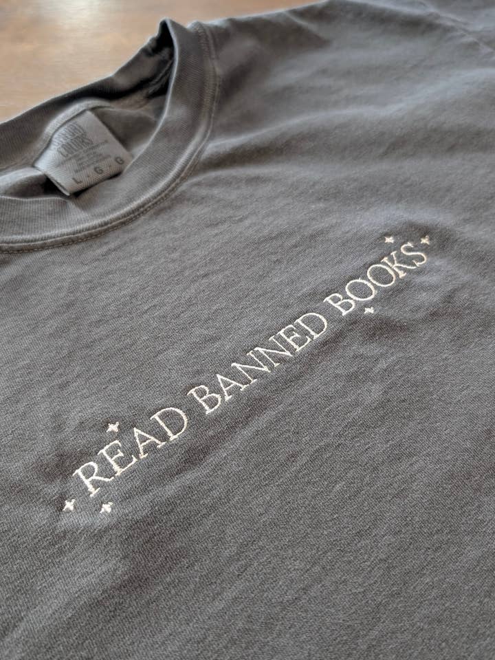 Embroidered Read Banned Books Minimalist Book Lover T-Shirt for wholesale by Penelope Annen Design