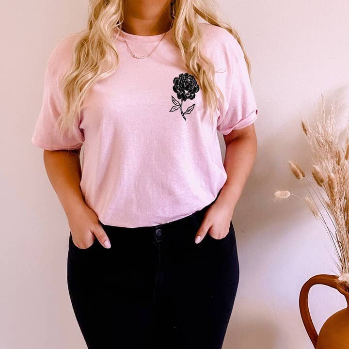 Peony t-shirt, UNISEX floral print tshirt, hand printed vintage black flower, botanical tee, hand stamped linocut, ethical summer fashion for wholesale by M.E. Image
