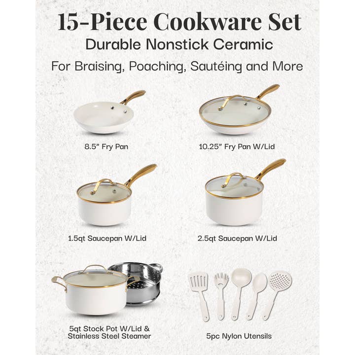 Gotham Steel/Granitestone - Wholesale Cookware Set - Gotham Steel Cream/Gold Handles 15 Piece Cookware Set