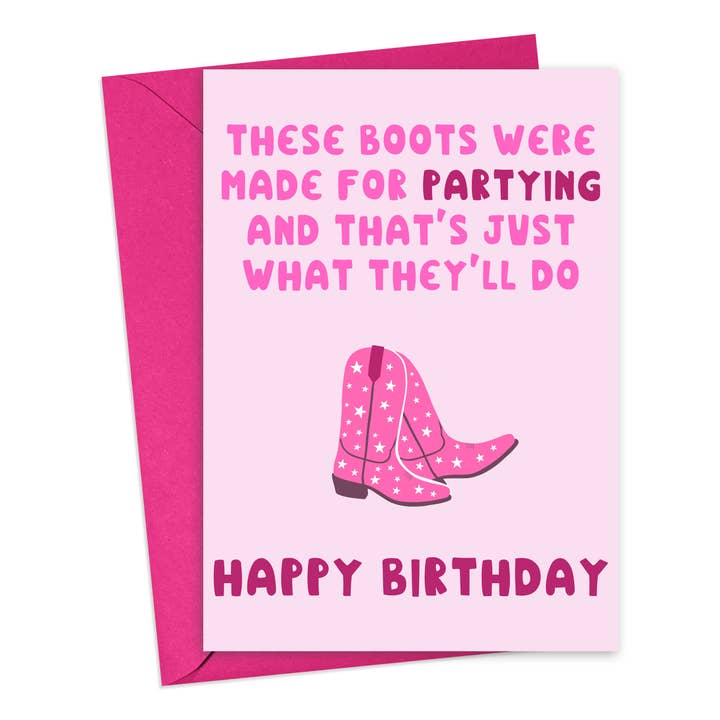 Western Cowboy Boots Birthday Card Cute Disco Cowgirl Gifts for wholesale by R is for Robo