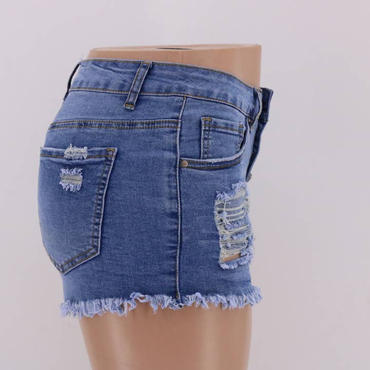 Lighter Blue New Slim Washed Women's Denim Hole Shorts for wholesale on Faire