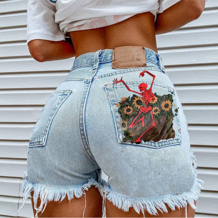 Tourtiwi - Wholesale Shorts - Women's - Women's Sunflower Skull Print Denim Shorts