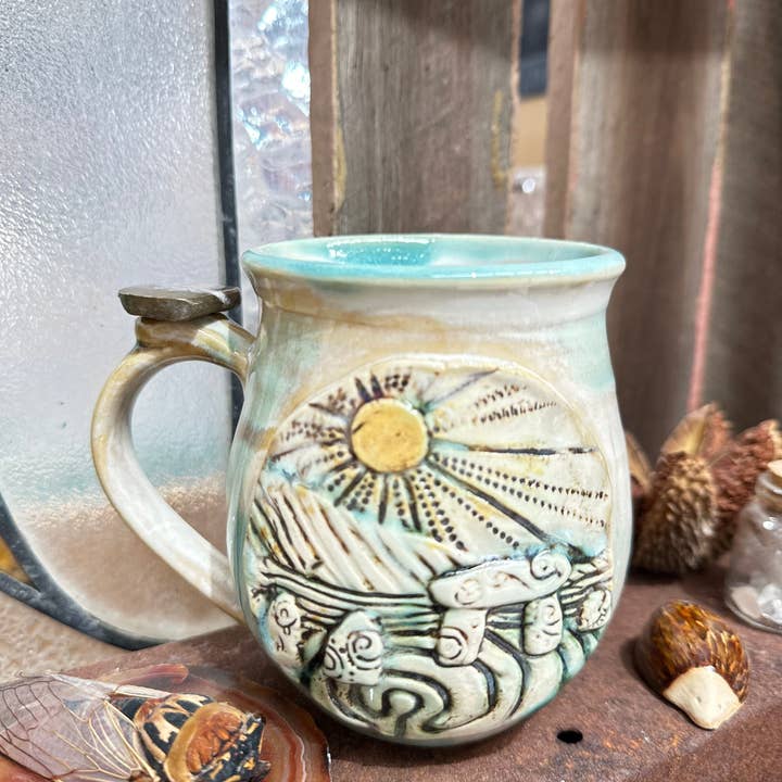 Carys Martin Ceramics - Wholesale Coffee Mug - Standing Stone Sunrise Ammonite Crystal Mug