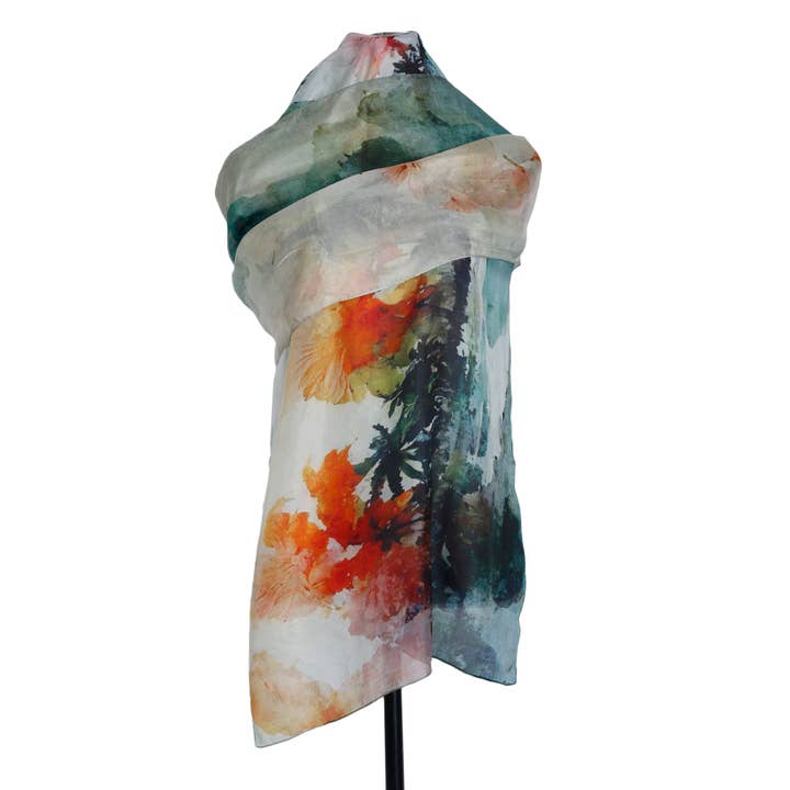 Namaskar Australia - Wholesale Scarf - Women's - Tropical Horizon Floral Landscape Scarf – Pure Silk Designer Wrap | Watercolor Coastal Print2