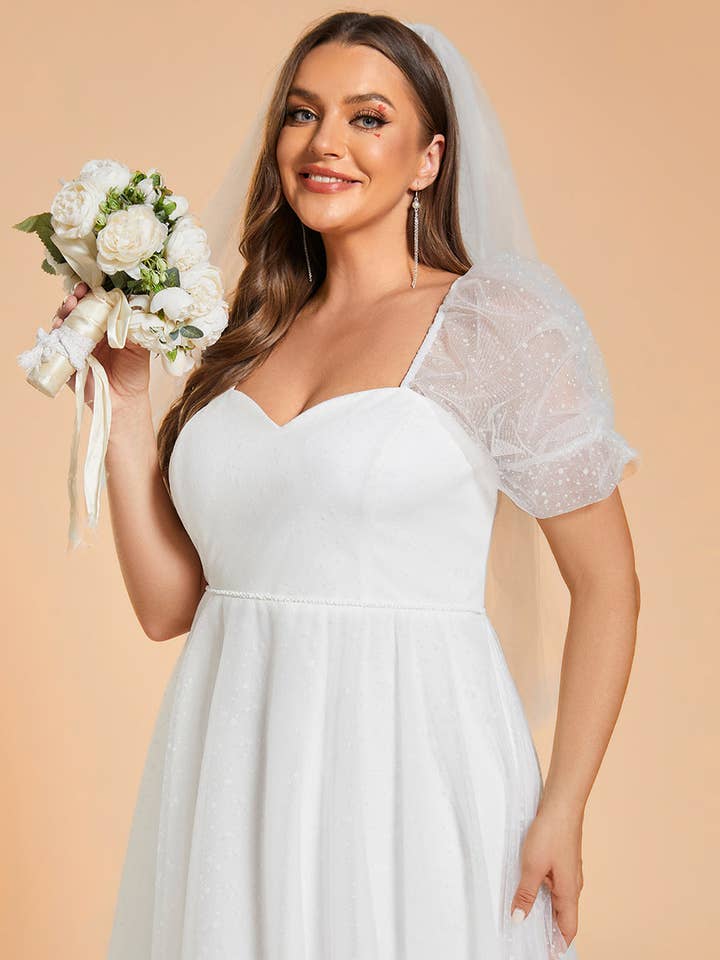 White Plus Size Wedding Dress with Puff Sleeves for wholesale on Faire4