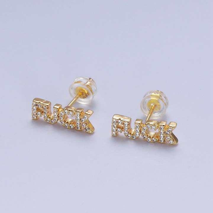 Aim Eternal - Wholesale Stud/Post Earrings - Dainty 16K Gold Filled "FUCK" Script Micro Paved CZ Stud Earrings | Y273