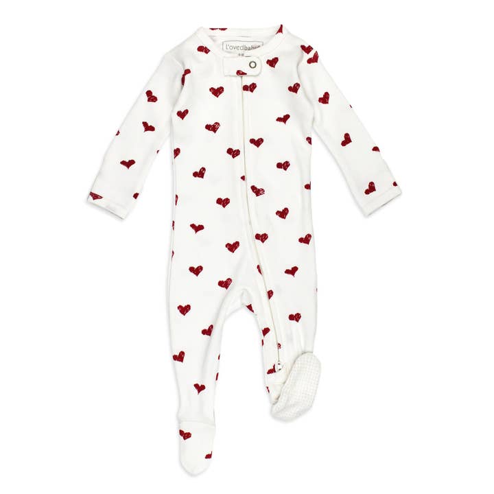 Organic 2-Way Zipper Footie in Crimson Hearts for wholesale by L'ovedbaby