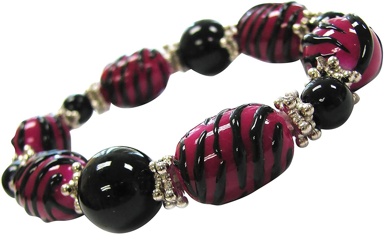 Fiona Accessories - Wholesale Beaded Bracelet - Hot Pink Zebra Strip Beaded Stretch Bracelet0