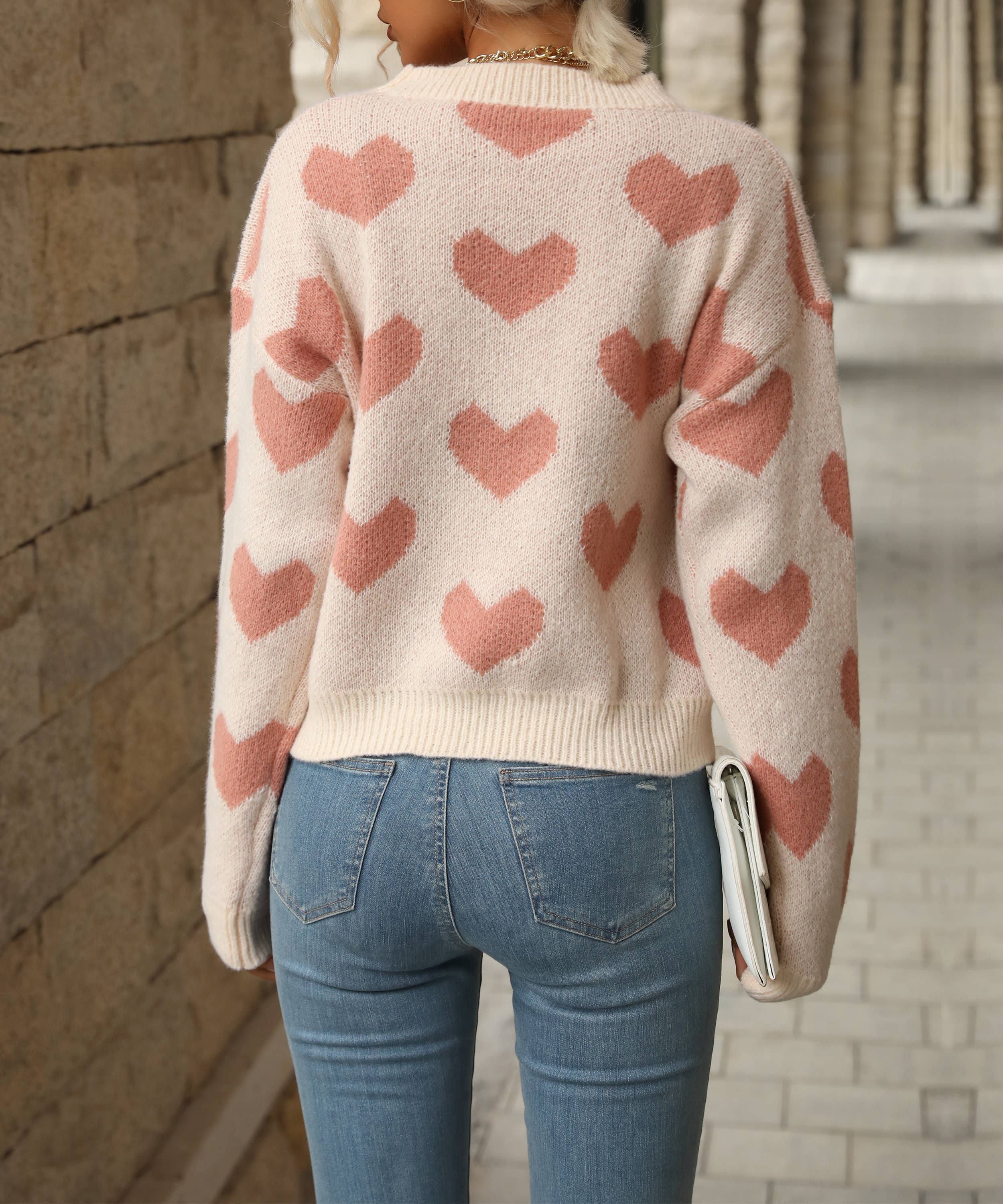 Valentine Pink Heart Pattern Knitting Soft Pullover Sweater for wholesale on Faire1