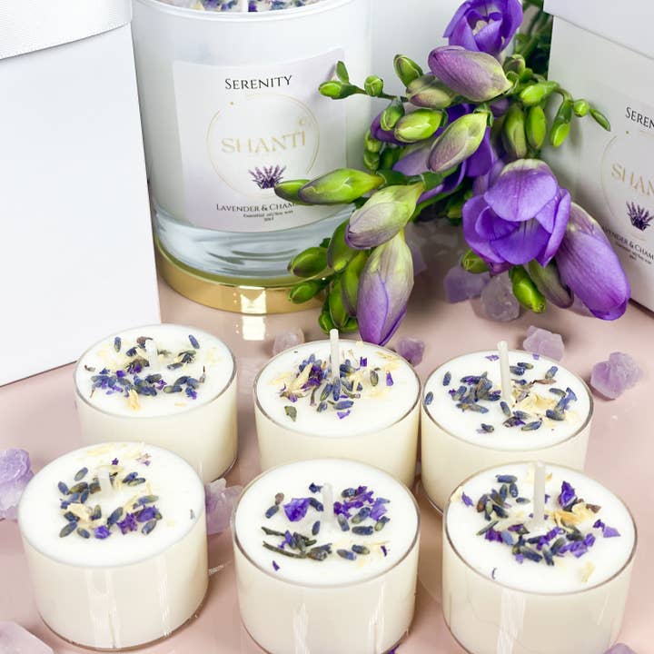 Serenity- French Lavender and Roman Chamomile Tea Lights for wholesale by Shanti Organics