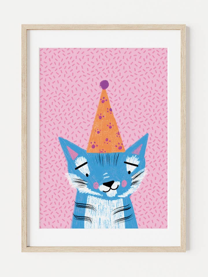 Audra the Blue Party Tiger A5 Art Print for wholesale by Looksee Illustration