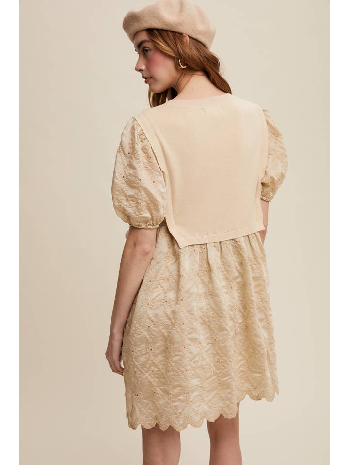 Listicle - Wholesale Dress - Women's - Embroidered Puff Sleeve Dress with Knit Vest15
