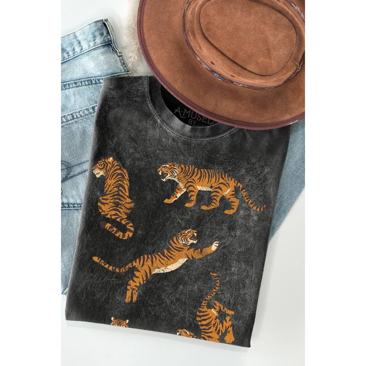 Amused by Blue - Vendita all'ingrosso Maglietta serigrafata - Donna - Detergente minerale vintage con stampa tigre