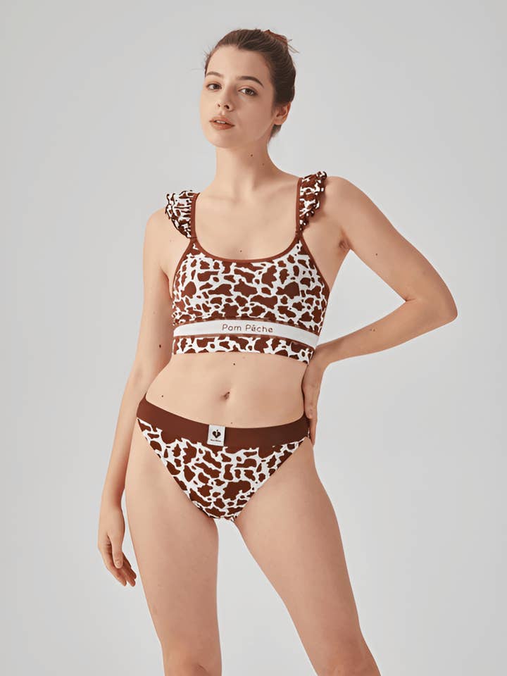 Momo Brown Cow-Pattern U Sports bra for wholesale by STYLR
