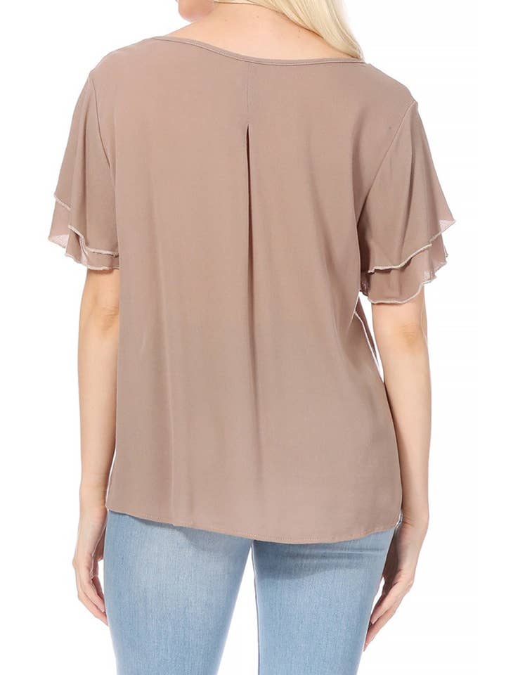 MOA COLLECTION - Wholesale Blouse - Women's - Casual Solid Flowy Short Flutter Sleeve Key Hole Blouse30