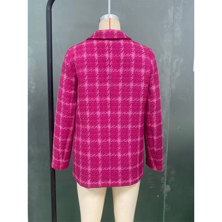 Rose Red Fall Winter Plaid Knit Cardigan Mid-Length Jacket ZK3677 for wholesale on Faire7