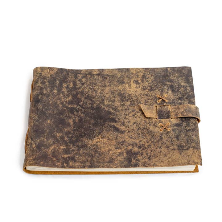 Brown Distressed Leather Journal / Guest Book Brown 14" x 10" for wholesale by Sugarboo & Co