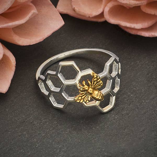 Nina Designs - Wholesale Band/Stacked Ring - Sterling Silver Honeycomb Ring with Bronze Bee