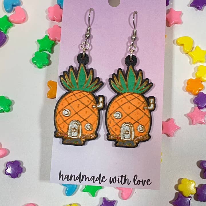 Pineapple House Hand Painted Wood Dangle Earrings for wholesale by Moon Child Trinkets