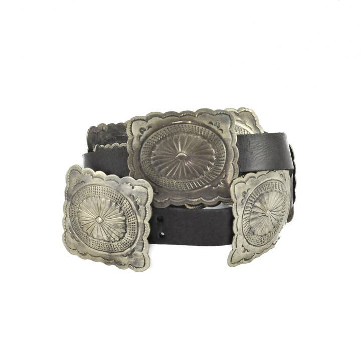 J.Alexander Rustic Silver - Wholesale Belt - Women's - WJA-034-4-BLK FLUTED CONCHO BELT- SILVER - Black