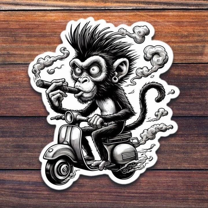 Drawn Monkey Moped Smoking - Wholesale Die Cut Vinyl Sticker for wholesale by ADH Stickers