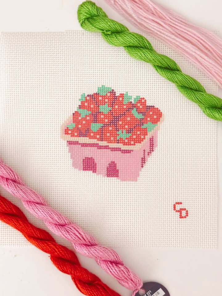 Strawberry Basket Needlepoint Canvas 13 Mesh 3” Design, Summer Strawberries Needlepoint Canvas modern Hand Painted for wholesale by Cotswold Co Designs