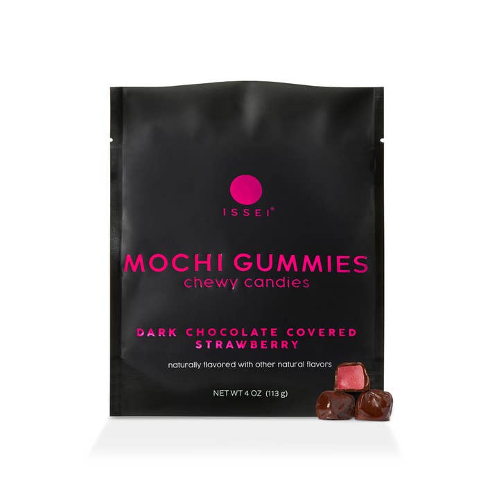 Dark Chocolate Covered Strawberry Mochi Gummies (4 oz) for wholesale by Issei Mochi Gummies