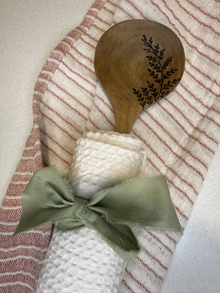 Floral Engraved Acacia Wood Spoon & Hand Towel Set for wholesale by House of Wren
