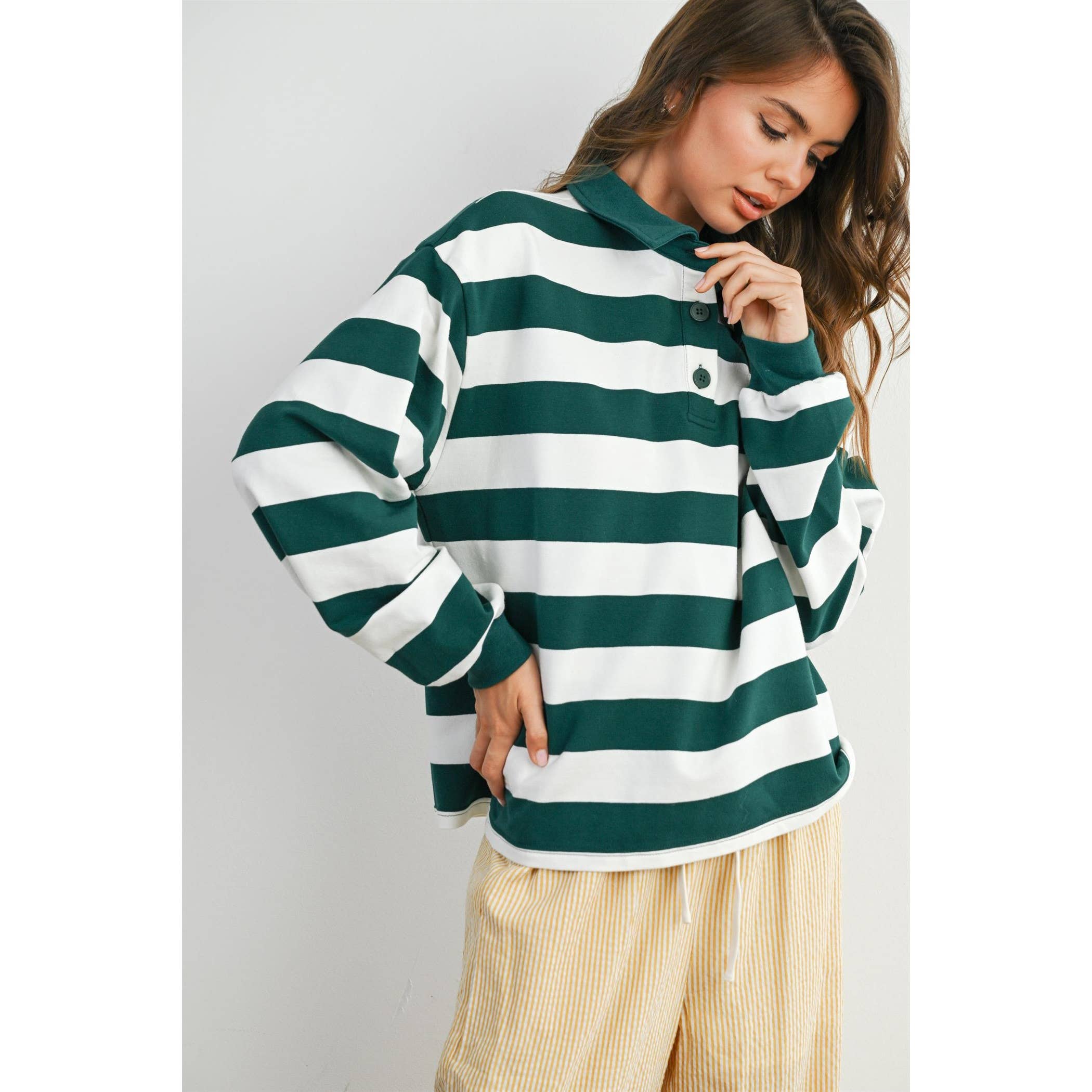 BUTTERMELON - Wholesale Sweatshirt - Women's - Striped Quarter-Buttoned Collared Sweatshirt - BMT807911