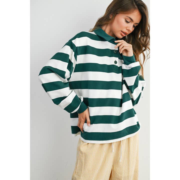 BUTTERMELON - Wholesale Sweatshirt - Women's - Striped Quarter-Buttoned Collared Sweatshirt - BMT807911