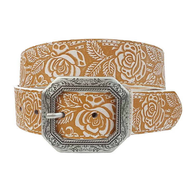 Axesoria West - Wholesale Belt - Women's - Hand Painted White w. Tan Rose Tooled Belt