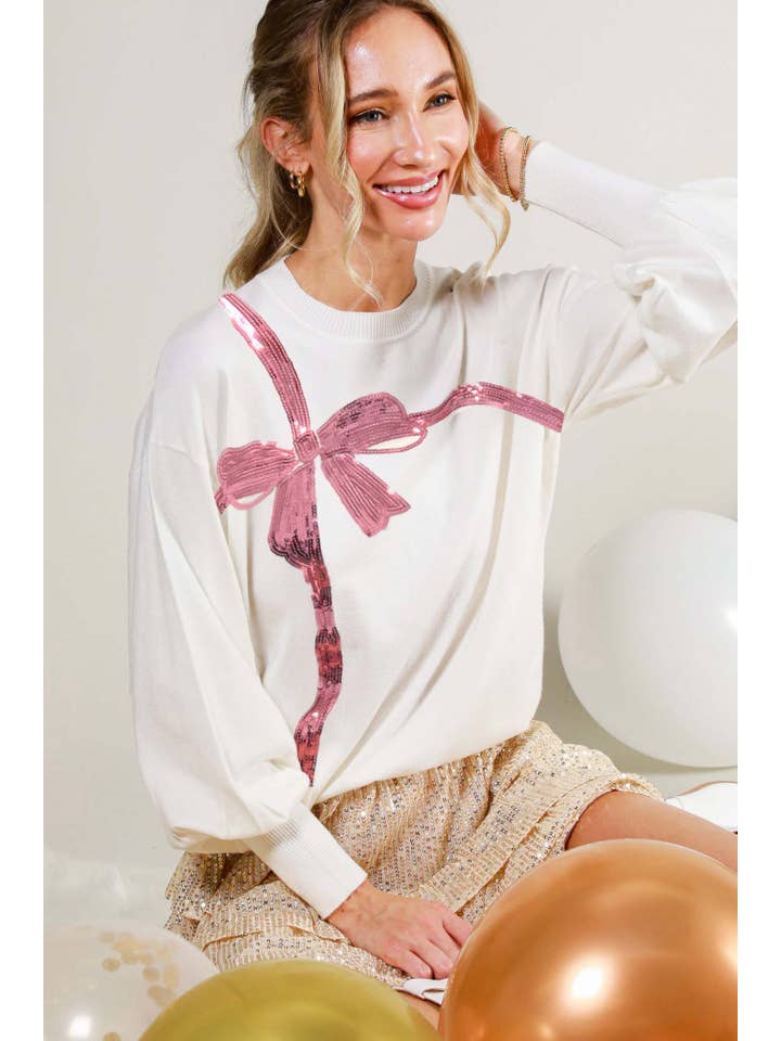 Vine & Love - Wholesale Knit Sweater - Women's - Bow Embroidered Sequin Trim Knitted Sweater Top VT81862