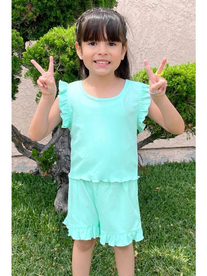 TKSS-Q24-3320T Toddler's 2pcs Short Set Ruffle Trim for wholesale by Cutie Patootie Clothing