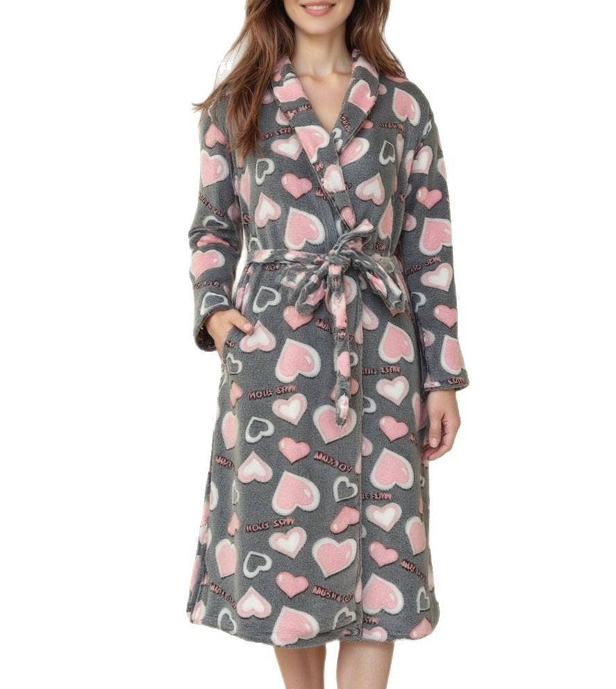 Rosa Clothing - Wholesale Robe - Women's - Heart Print Thickened Flannel Fleece Bathrobe Loungewear3
