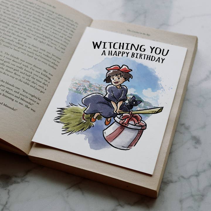 Aaron Millard Illustration - Wholesale Birthday Card - "Witching You" Young Witch Broom Anime Birthday Card