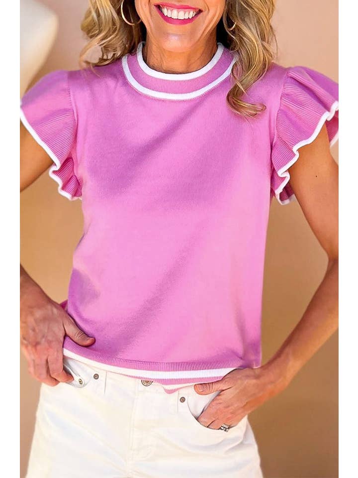 Bonbon Contrast Trim Ruffle Sleeve Top for wholesale on Faire