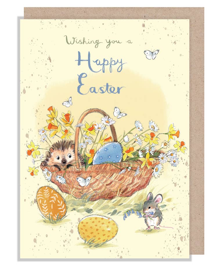 Easter Card - Hedgehog in flower basket - MMEASTER01 for wholesale by Paper Shed Design Ltd