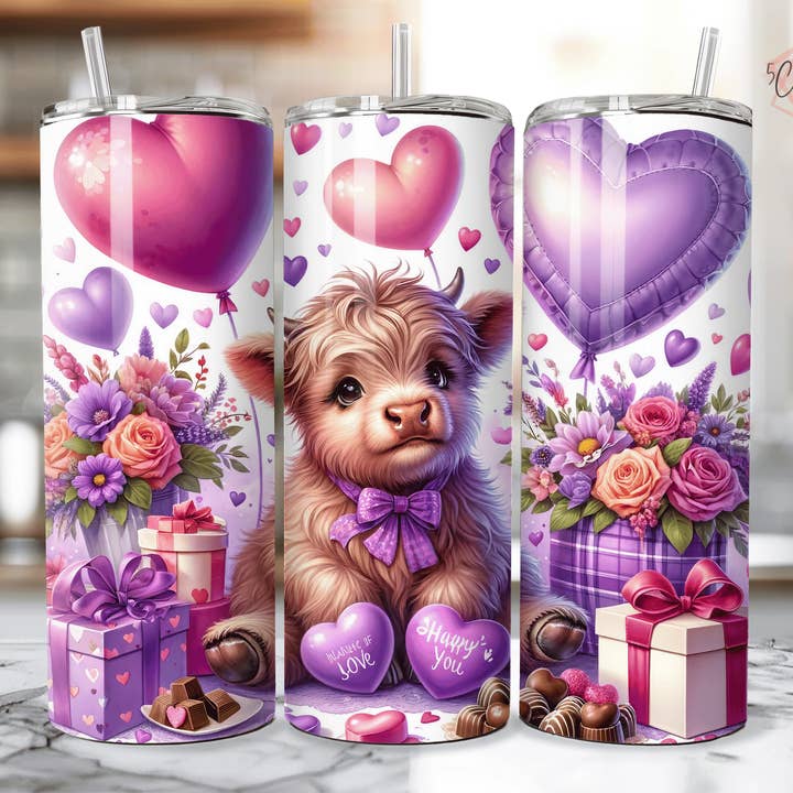 Valentine's Highland Cow Purple Tumbler for wholesale by 5C's Wholesale