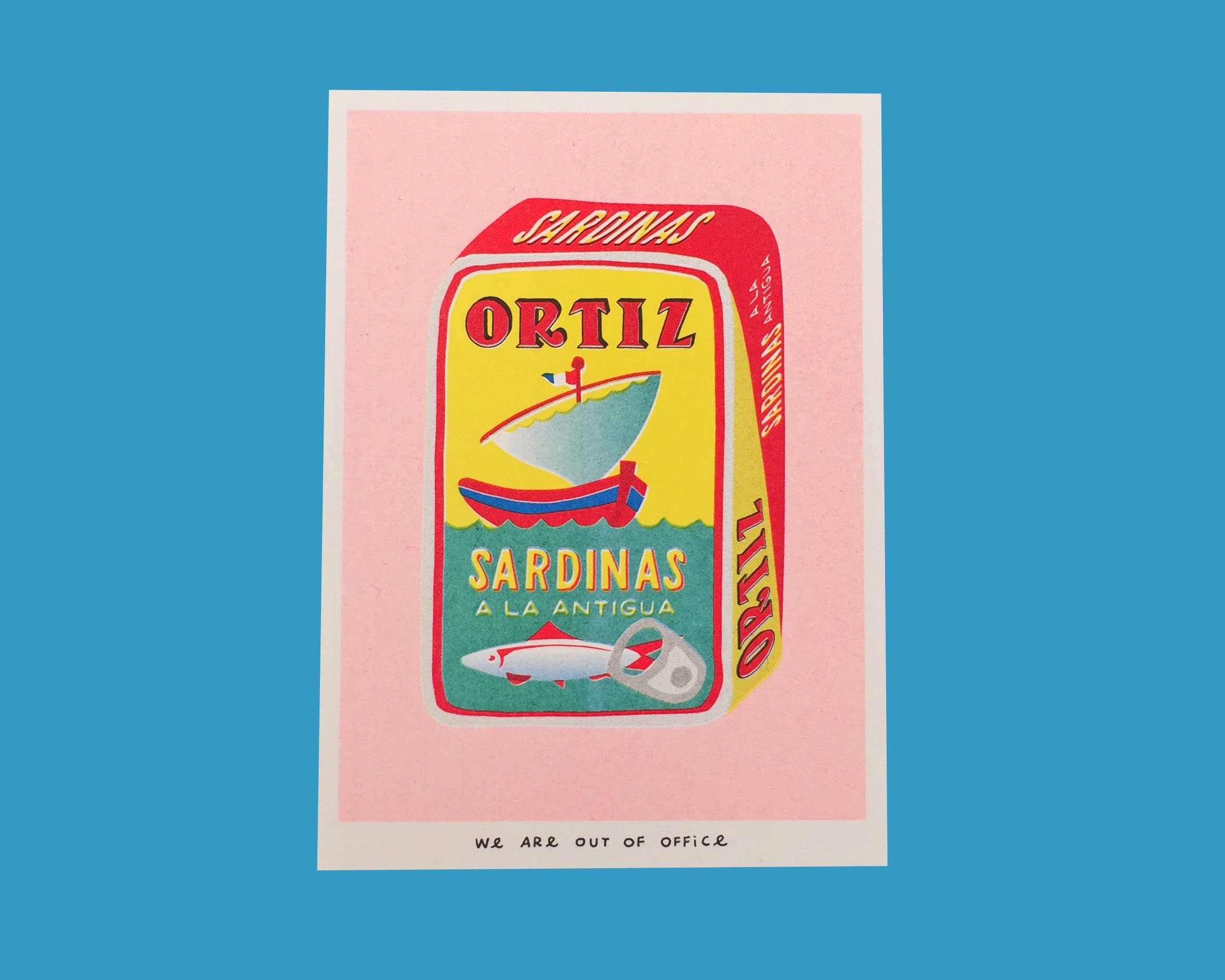 We are out of office - Wholesale Art print - A risograph print of a can full of sardinas