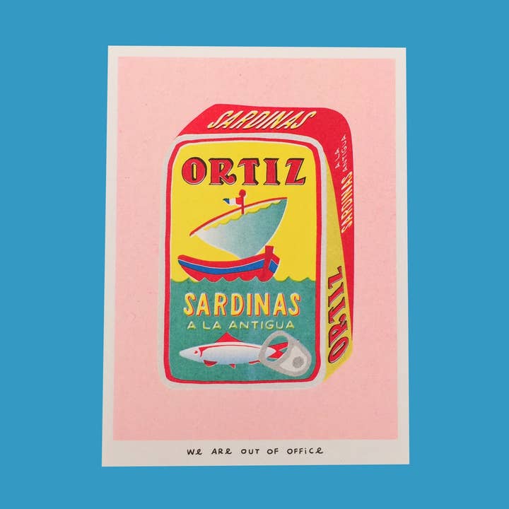 A risograph print of a can full of sardinas for wholesale by We are out of office
