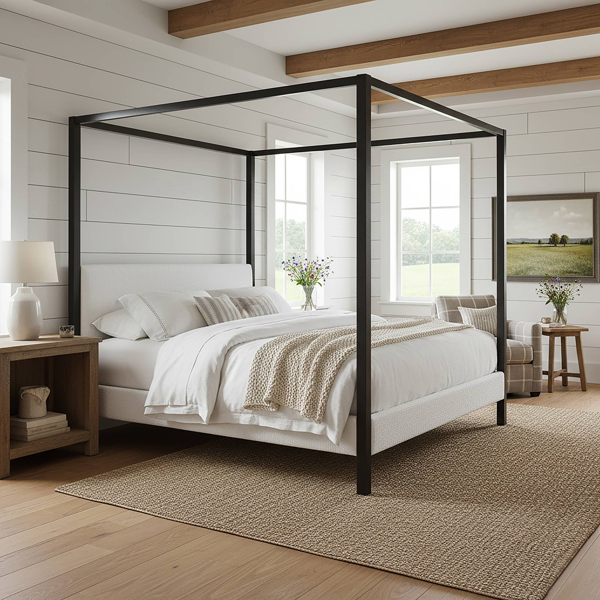 Glamour Home - Wholesale Bed - Beecher White Boucle Canopy King Bed with Iron Frame1