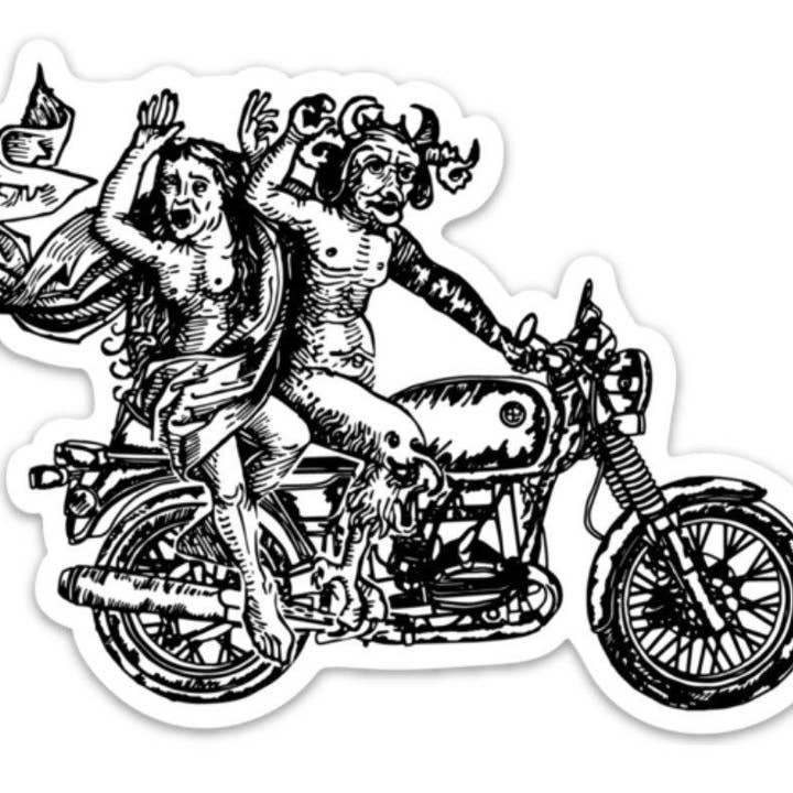 Devil and Woman Riding A Motorcycle Vinyl Sticker for wholesale by Bellavance Ink