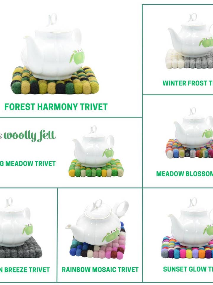 Set di sottopentola e sottobicchieri in feltro fatto a mano con opzioni di colore per la vendita all'ingrosso da parte di Woollyfelt