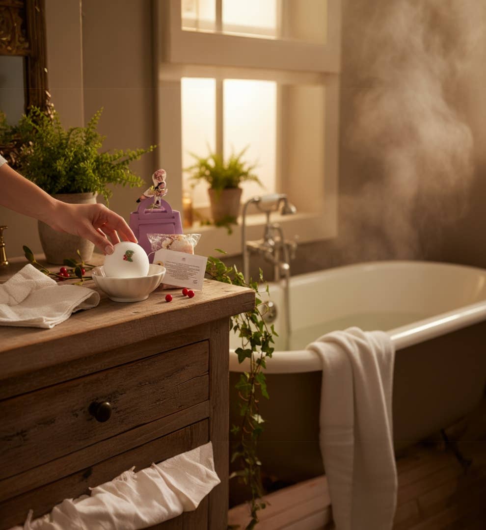 The Stuff I Love - Wholesale Bath & Body Set - Mistleberry Bath Bomb and Soap in a Lilac Fabric Handbag Gift Bag, Chic Ladies Gift